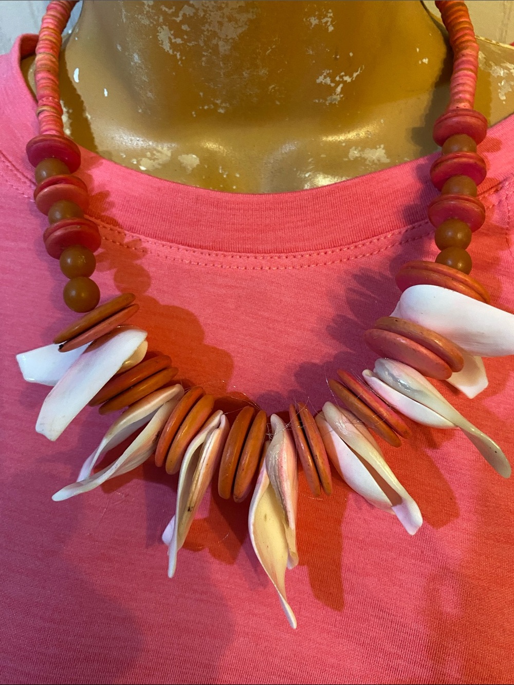Handcrafted Pink and White Shell Disk Necklace